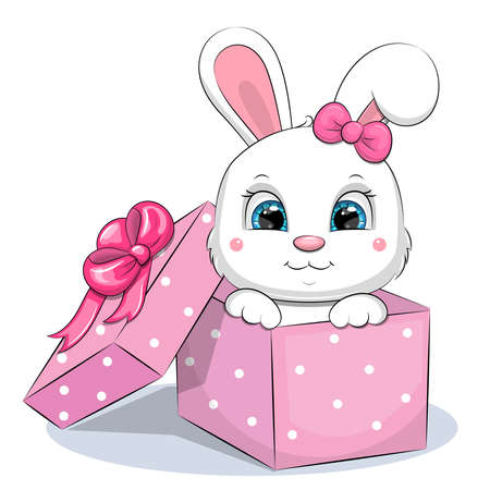 Cute cartoon white rabbit in a pink gift box. Vector illustration of an animal on a white background.のイラスト素材