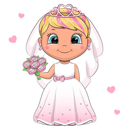 Cute cartoon blonde bride in a white dress is holding a bouquet of flowers. Vector illustration of a girl on a white background with hearts.のイラスト素材
