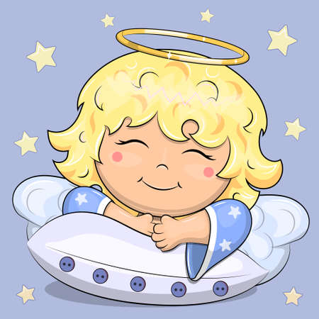 Cute cartoon angel with a pillow. Vector illustration on a blue background with stars.のイラスト素材