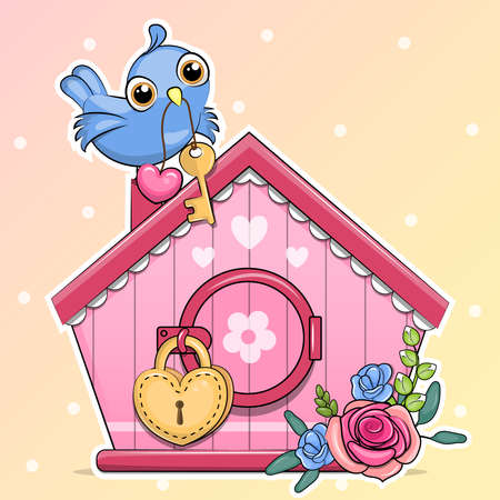 Cute cartoon pink birdhouse with a lock and a bird with a key on the roof of the house. Vector illustration on a colorful background with dots.のイラスト素材