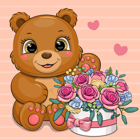 Cute cartoon brown bear with a bouquet of roses. Vector illustration of an animal on a striped pink background.のイラスト素材