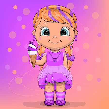 A cute cartoon girl in a lilac dress is holding an ice cream. Vector illustration on a purple background.のイラスト素材
