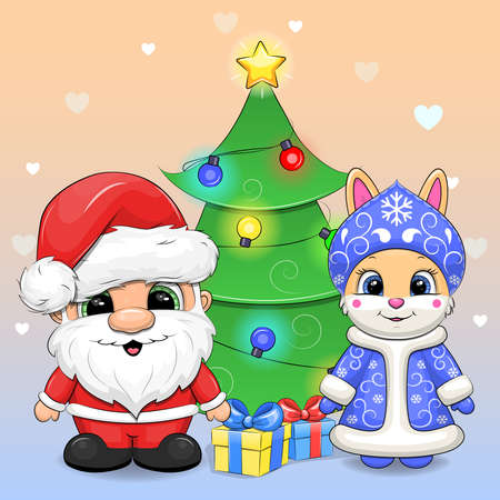 Cute cartoon Santa Claus with Snow Maiden rabbit and Christmas tree with gifts. New Year vector illustration on a colorful background with hearts.のイラスト素材