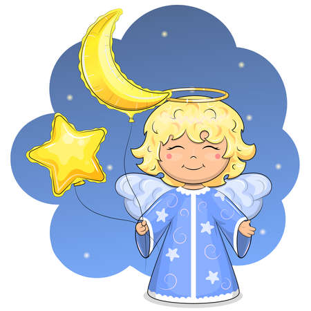 Cute cartoon angel with star and moon balloons. Night vector illustration isolated on blue background.のイラスト素材