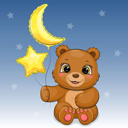 Cute cartoon brown bear with moon and star balloons. Vector illustration of an animal on a blue background.のイラスト素材