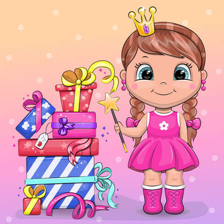 A cute cartoon fairy with a crown and a magic wand stands next to the gifts. Festive vector illustration on a colorful background with dots.のイラスト素材