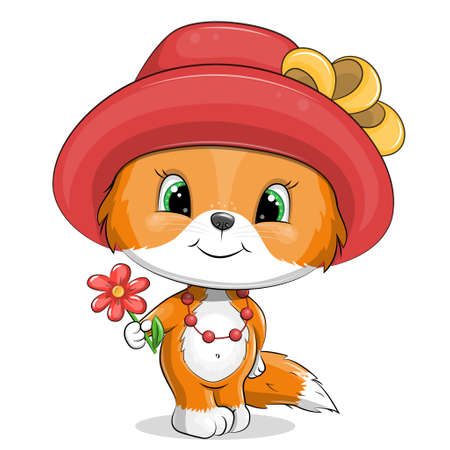 A cute cartoon fox in a red hat is holding a flower. Vector illustration of an animal on a white background.のイラスト素材