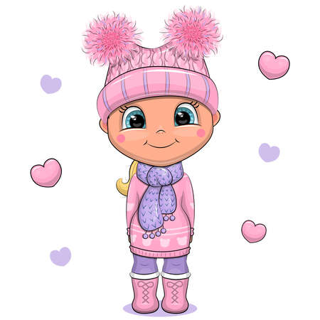 Cute cartoon girl in a pink hat and lilac scarf. Vector illustration of an animal on a white background with hearts.のイラスト素材
