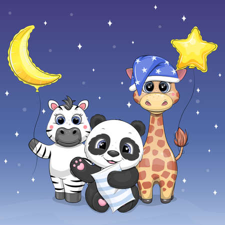 Cute cartoon animals with night balloons and pillow. Vector illustration with panda, zebra and giraffe on a blue background with stars.のイラスト素材