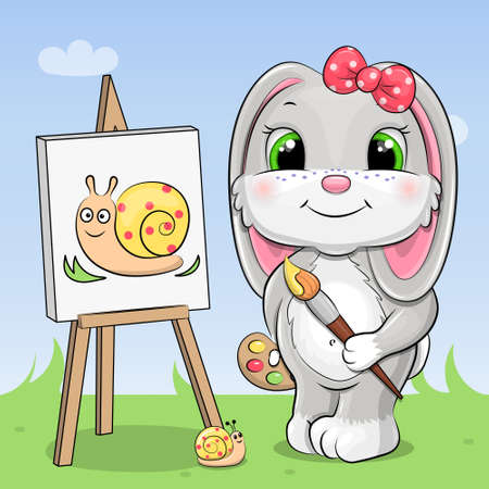 Cute artist rabbit draws a picture on an easel. Vector illustration of an animal on a blue background.のイラスト素材