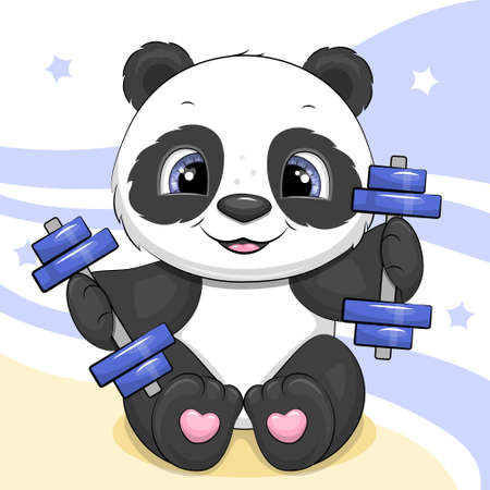 Cute cartoon panda sportsman doing exercises. Vector illustration of an animal on a white background with blue stripes and stars.のイラスト素材
