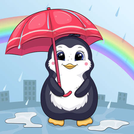 A cute cartoon penguin with an umbrella sits in the rain. Vector illustration of an animal on a blue background with a rainbow.のイラスト素材