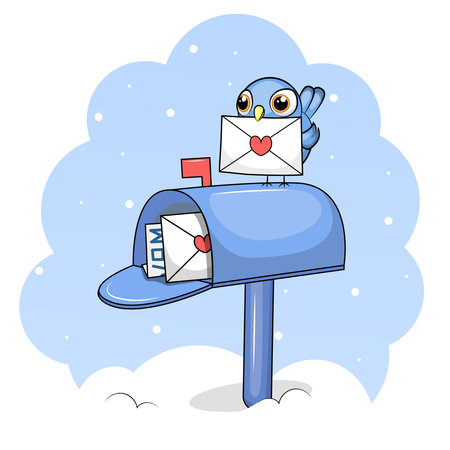Cute cartoon mailbox with a bird and an envelope. Winter vector illustration on a blue background with snow.のイラスト素材