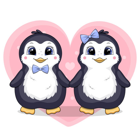 Cute cartoon couple of penguins. Vector illustration of animals with a big pink heart in the background.のイラスト素材