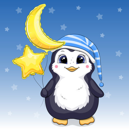 Cute cartoon penguin in nightcap holds moon and star balloons. Night vector illustration with animal on blue background with stars.のイラスト素材