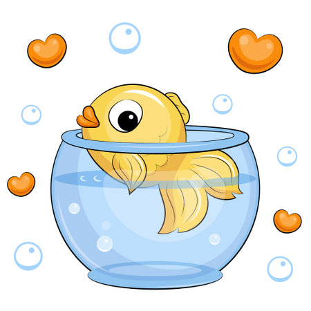 Cute cartoon Golden fish in a round aquarium. Vector illustration of an animal with hearts and bubbles on a white background.のイラスト素材