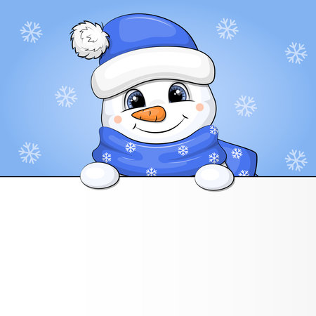 Christmas banner with cute cartoon snowman in blue hat and scarf. Snowman showing something.のイラスト素材