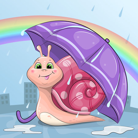 Cute cartoon snail with a lilac umbrella in the rain. Vector illustration of an animal with a rainbow on a blue background.のイラスト素材
