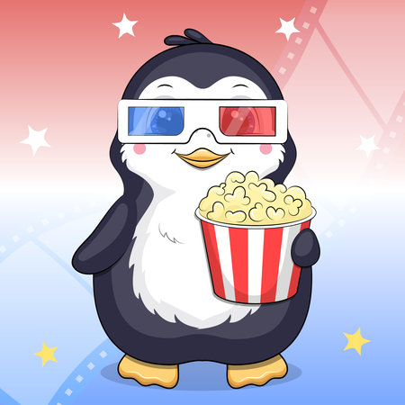 Cute cartoon penguin in 3d cinema glasses holds popcorn. Vector illustration of an animal on a blue and red background with filmstrip.のイラスト素材