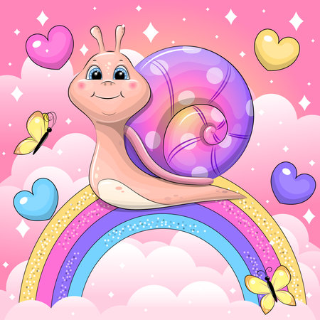 Cute cartoon snail on the rainbow. Vector illustration of an animal on a pink background with clouds.のイラスト素材
