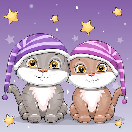 Cute cartoon couple of cats in striped hats. Night pet vector illustration on purple background with yellow stars.のイラスト素材