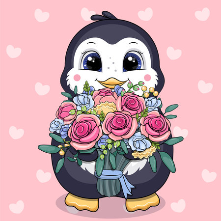 Cute cartoon penguin with a bouquet of flowers. Vector illustration of an animal on a pink background with hearts.のイラスト素材