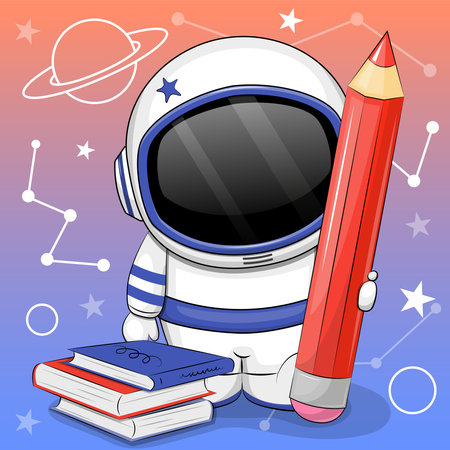 Cute cartoon astronaut with a big red pencil and books. Vector illustration on colorful background with planet and stars.のイラスト素材