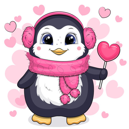 A cute cartoon penguin with pink fur headphones and a scarf is holding a heart-shaped lollipop. Vector illustration of an animal on a white background with pink hearts.のイラスト素材