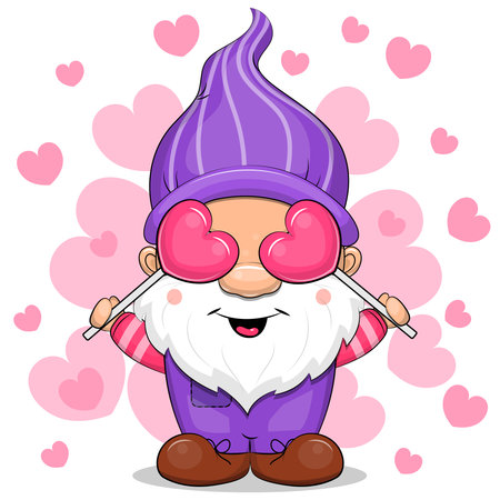 Cute cartoon gnome with two heart shaped candies. Vector illustration of a man with a beard on a white background with pink hearts.のイラスト素材
