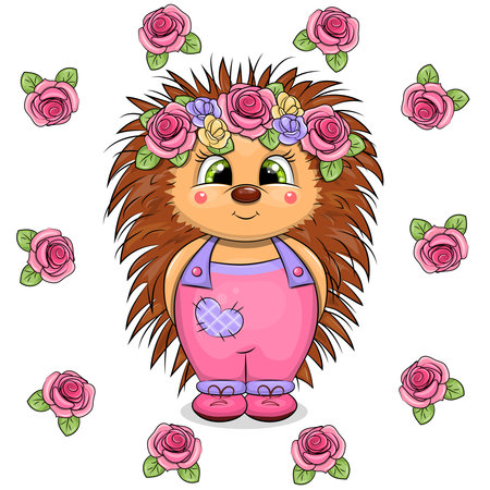 Cute cartoon hedgehog girl with a flower wreath in a frame of roses. Spring animal vector illustration on white background.のイラスト素材