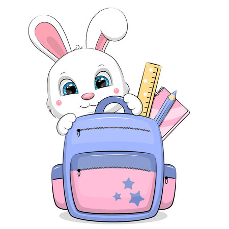 Cute cartoon blue with pink backpack with a white rabbit and school supplies. Vector illustration on a white background.のイラスト素材