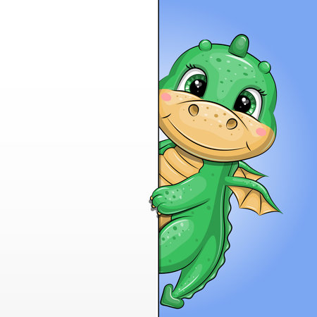 Banner with cute cartoon green dragon. Animal on a blue background showing something.のイラスト素材
