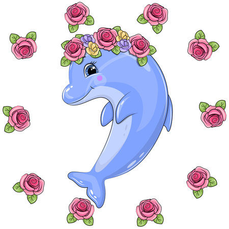 Cute cartoon dolphin in a flower wreath in a rose frame. Spring sea animal vector illustration isolated on white background.のイラスト素材