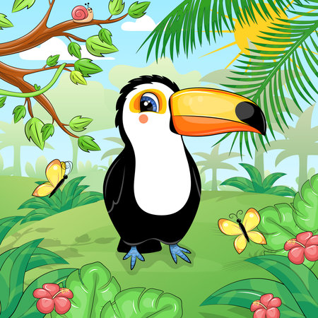 Cute cartoon toucan in the rainforest. Vector illustration of a bird in nature with trees, butterflies and flowers.のイラスト素材