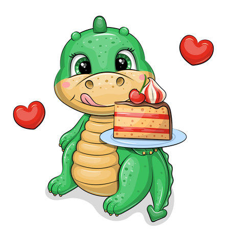 A cute cartoon green dragon is holding a plate with a piece of cake. Vector illustration of an animal and two hearts on a white background.のイラスト素材