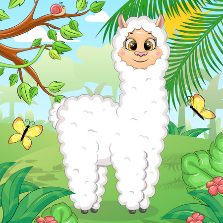 Cute cartoon white llama in nature with butterflies. Vector illustration of an animal in the forest with trees, leaves and flowers.のイラスト素材
