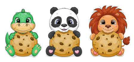 Set of cute cartoon animals with cookies. Lion, panda and dinosaur vector illustration on a white background.のイラスト素材