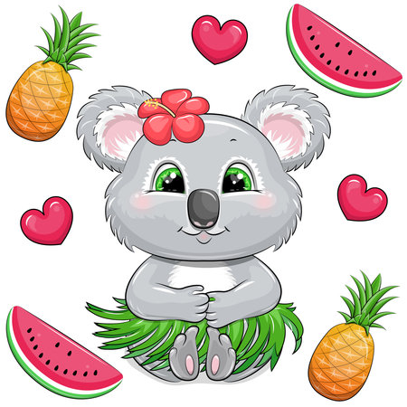 A cute cartoon koala with a tropical flower and a green Hawaiian skirt surrounded by fruits and hearts. Vector illustration of animals with watermelon and pineapple.のイラスト素材
