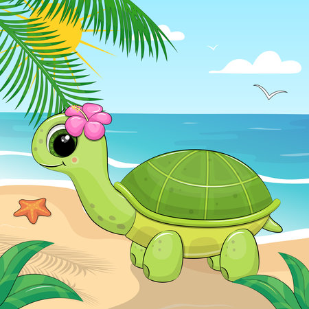 Cute cartoon green turtle with tropical flower on the beach. Summer animal vector illustration with sea, sun, sand, starfish, palm tree and clouds.のイラスト素材
