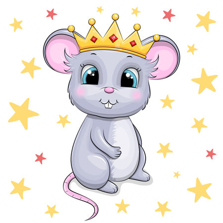 Cute cartoon king mouse. Vector illustration of an animal on a white background with stars.のイラスト素材