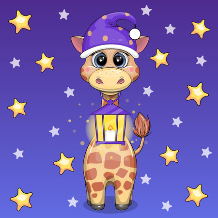 Cute cartoon giraffe in a nightcap is holding a lantern. Night vector illustration of an animal on a dark blue background with yellow stars.のイラスト素材