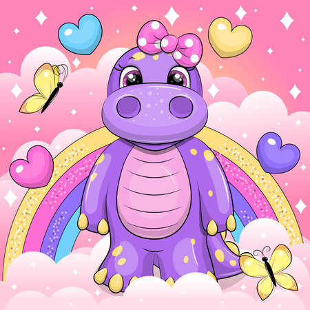 A cute cartoon dinosaur stands on a cloud. Vector illustration of an animal on a pink background with clouds, hearts, butterflies, rainbow and stars.のイラスト素材
