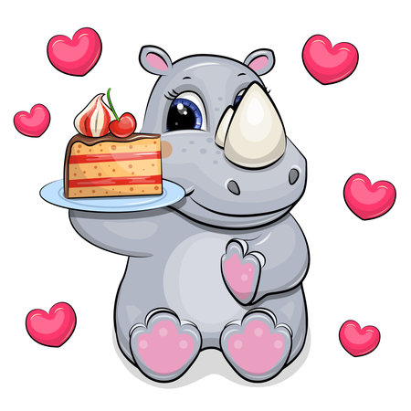 A cute cartoon rhinoceros is holding a plate with a piece of cake. Vector illustration of an animal on a white background with red stars.のイラスト素材