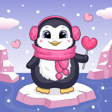A cute cartoon penguin girl with pink fur headphones and a scarf holds a heart-shaped lollipop and stands on an iceberg. Winter vector illustration with animal, ice and snow.のイラスト素材