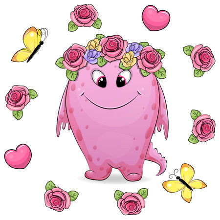A cute cartoon monster in a flower wreath stands in a pink frame. Vector illustration of an animal with flowers, hearts and butterflies on a white background.のイラスト素材