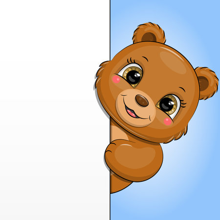 Card with cute cartoon brown bear. Vector with an animal showing something.のイラスト素材