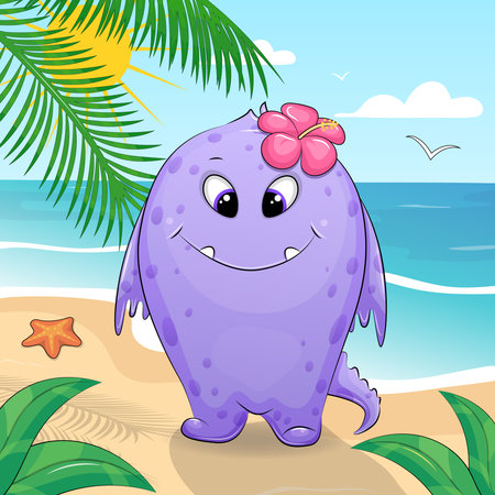 Monster with a tropical flower on the beach. Summer vector illustration with palm tree, sun, sea, sand, starfish, blue sky, clouds and plants.のイラスト素材