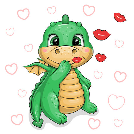 Cute cartoon green dragon sends kisses. Vector illustration of an animal on a white background with hearts.のイラスト素材
