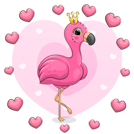 Cute cartoon pink flamingo with a crown in a heart frame. Vector illustration of a bird on a pink background.のイラスト素材
