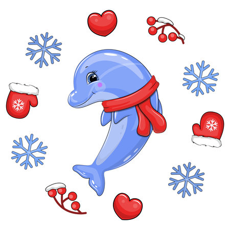 Cute cartoon dolphin with a red scarf in a winter frame. Vector illustration of an animal with red mittens, berries, hearts and blue snowflakes on a white background.のイラスト素材